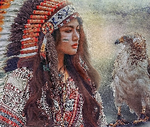Kobieta, Indianka, Grafika, Ptak, Sokół, Pióropusz