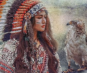 Grafika, Sokół, Indianka, Kobieta, Pióropusz, Ptak