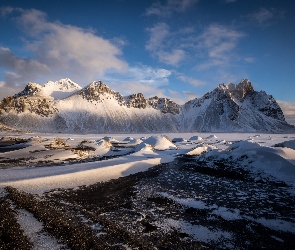 Góra Vestrahorn, Zima, Islandia, Śnieg