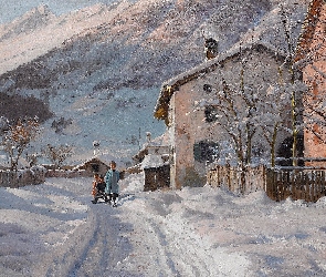 Peder Mork Monsted, Obraz, Malarstwo, Droga, Sanki, Dzieci, Domy, Zima