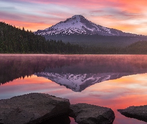 Stany Zjednoczone, Kamienie, Lasy, Stan Oregon, Góra, Trillium Lake, Stratowulkan, Mount Hood, Jezioro, Drzewa