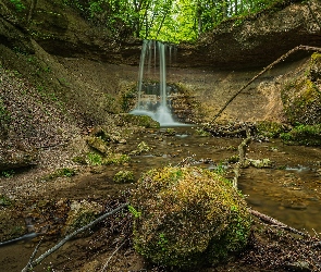 Skały, Rośliny, Głaz, Rzeka, Wodospad