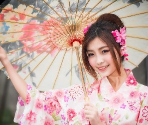 Kobieta, Uśmiech, Kimono, Parasolka, Japonka