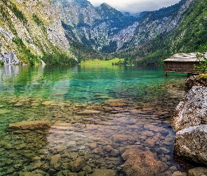 Park Narodowy Berchtesgaden, Kamienie, Bawaria, Niemcy, Domek, Alpy, Góry, Drewniany, Jezioro Obersee