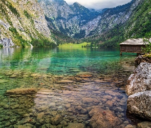 Niemcy, Drewniany, Góry, Domek, Alpy, Kamienie, Bawaria, Park Narodowy Berchtesgaden, Jezioro Obersee
