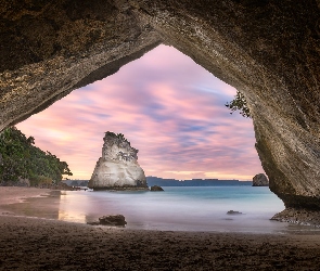 Atrakcja turystyczna, Region Waikato, Skały, Nowa Zelandia, Półwysep Coromandel, Morze, Cathedral Cove, Jaskinia, Zachód słońca