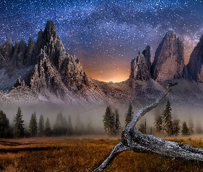 Góry, Prowincja Belluno, Droga Mleczna, Włochy, Konar, Gwiazdy, Dolomity, Masyw, Tre Cime di Lavaredo