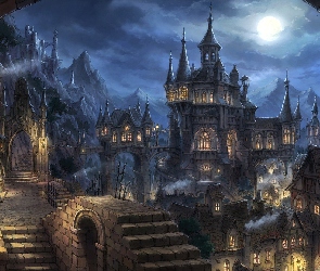 Zamek, Fantasy, Księżyc, Góry, Noc