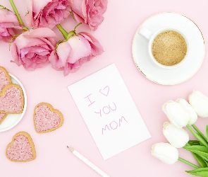 Dzień Matki, Róże, Kartka, Tulipany, Kwiaty, Ciasteczka, Różowe, Napis, Tło, Kawa