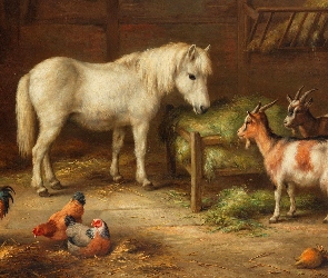 Obraz, Malarstwo, Stodoła, Koń, Kozy, Kury, Edgar Hunt