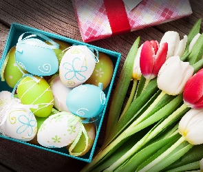 Prezent, Tulipany, Pisanki, Wielkanoc, Jajka, Pudełko