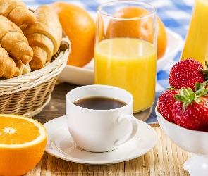 Sok, Rogaliki, Filiżanka, Kawa, Pomarańcze, Truskawki