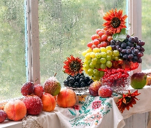 Okno, Brzoskwinie, Jabłka, Kwiaty, Gruszki, Winogrona, Mokra, Szyba, Owoce