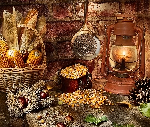 Koszyk, Szyszki, Kukurydza, Kompozycja, Kasztany jadalne, Lampa