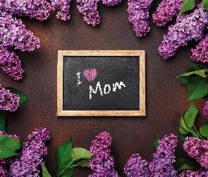 Kwiaty, Bez, Dzień Matki, Tabliczka, Życzenia, Liście