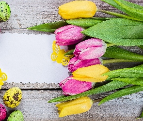 Deski, Motyl, Pisanki, Wielkanoc, Kartka, Tulipany