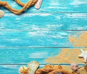 Deski, Niebieskie, Muszelki, Rozgwiazdy, Lina, Piasek