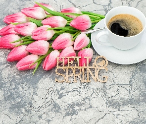 Kawa, Tulipany, Tło, Napis, Hello spring, Marmurkowe, Filiżanka