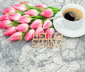 Marmurkowe, Hello spring, Kawa, Tło, Napis, Tulipany, Filiżanka