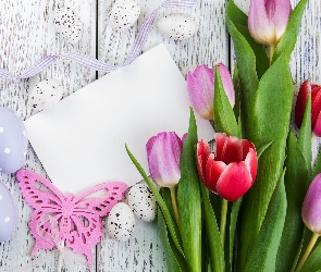 Tulipany, Wstążka, Motylek, Pisanki, Wielkanoc
