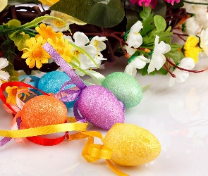 Wielkanoc, Wstążki, Jajka, Kwiaty, Kolorowe
