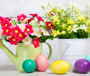 Wielkanoc, Kolorowe, Kwiaty, Konewka, Wiaderko, Pisanki