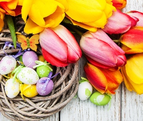 Tulipany, Jajka, Kwiaty, Pisanki, Deski, Koszyk, Wielkanoc, Motylek