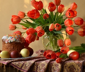 Jajka, Kolorowe, Ciasto, Wielkanoc, Babka, Tulipany