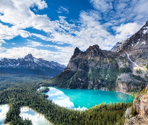 Lasy, Góry, Kolumbia Brytyjska, Chmury, Jezioro Lake OHara, Kanada, Park Narodowy Yoho