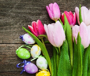 Różowe, Wielkanoc, Pisanki, Deski, Tulipany
