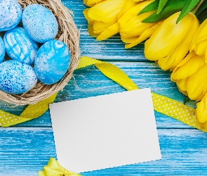 Żółte, Deski, Wstążka, Wielkanoc, Niebieskie, Kartka, Tulipany, Pisanki, Gniazdo