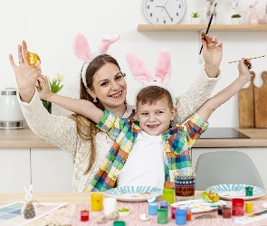 Malowanie, Uśmiechy, Kobieta, Pisanek, Chłopczyk, Mama, Dziecko