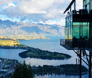 Skyline Queenstown, Remarkables Mountains, Restauracja, Góry, Queenstown, Chmury, Nowa Zelandia, Jezioro Wakatipu