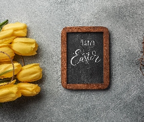 Tabliczka, Torba, Papierowa, Wielkanoc, Happy Easter, Napis, Pisanki, Tulipany