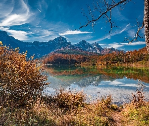 Drzewa, Jesień, Góry, Trawa, Jezioro Almsee, Austria, Alpy