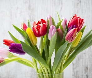 Wazon, Bukiet, Kolorowe, Tulipany