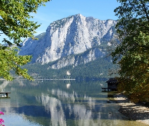 Alpy, Góry, Styria, Drzewa, Altaussee, Austria, Jezioro