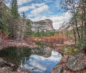 Skały, Góry, Park Narodowy Yosemite, Stany Zjednoczone, Jezioro Mirror Lake, Drzewa, Stan Kalifornia, Szczyt Half Dome