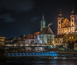 Most, Noc, Steyr, Rzeka Steyr, Domy, Austria, Kościół