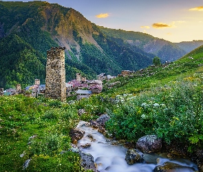 Strumień, Megrelia-Górna Swanetia, Baszta, Adishi, Gruzja, Ruina, Kaukaz, Góry, Kamienie, Domy