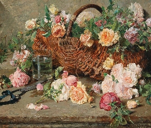 Bukiet, Róże, Obraz, Koszyk, Kwiaty, Malarstwo, Adolphe Grison