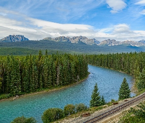 Kanada, Tory, Rzeka Bow River, Chmury, Park Narodowy Banff, Lasy, Góry, Canadian Rockies, Drzewa