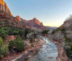 Park Narodowy Zion, Góry Watchman, Stany Zjednoczone, Rzeka Virgin River, Stan Utah, Drzewa