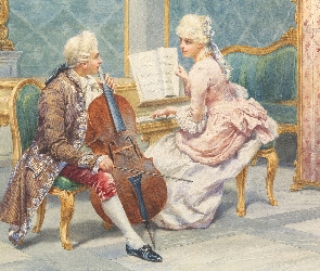 Mężczyzna, Fortepian, Obraz, Wiolonczela, Kobieta, Malarstwo, Pietro Gabrini