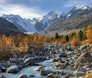 Drzewa, Rzeka, Góry, Szwajcaria, Dolina Morteratsch, Jesień, Kanton Gryzonia, Kamienie