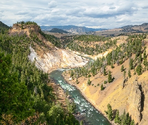 Las, Rzeka Yellowstone, Park Narodowy Yellowstone, Stany Zjednoczone, Chmury, Góry, Stan Wyoming, Drzewa