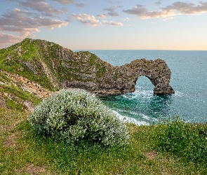 Wybrzeże Jurajskie, Łuk wapienny Durdle Door, Morze, Skała, Hrabstwo Dorset, Rośliny, Anglia, Chmury