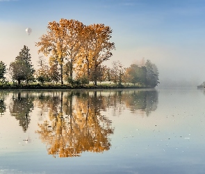 Jesień, Balon, Mgła, Rzeka, Drzewa, Odbicie