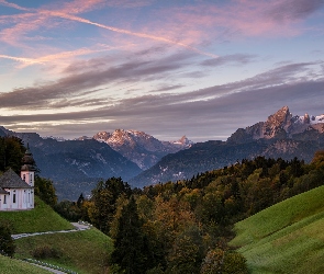 Droga, Bawaria, Góry, Berchtesgaden, Niemcy, Sanktuarium Maria Gern, Drzewa, Alpy Salzburskie, Lasy, Kościół