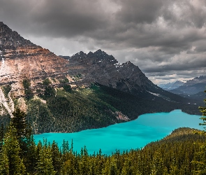 Góry Canadian Rockies, Drzewa, Park Narodowy Banff, Lasy, Alberta, Jezioro Peyto Lake, Kanada, Chmury